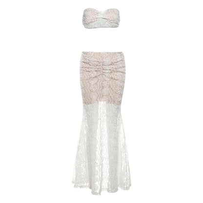 Ruched mesh tube maxi skirt set-final-sale