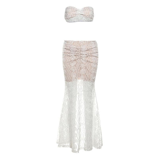 Ruched mesh tube maxi skirt set-final-sale