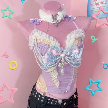 Bowknot beaded "Hello Kitty" pattern mesh cami top