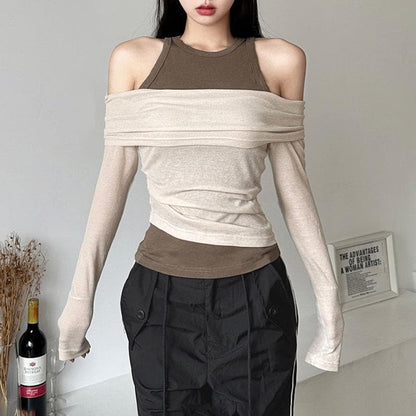 Contrast long sleeve 2-way off shoulder 2 piece top