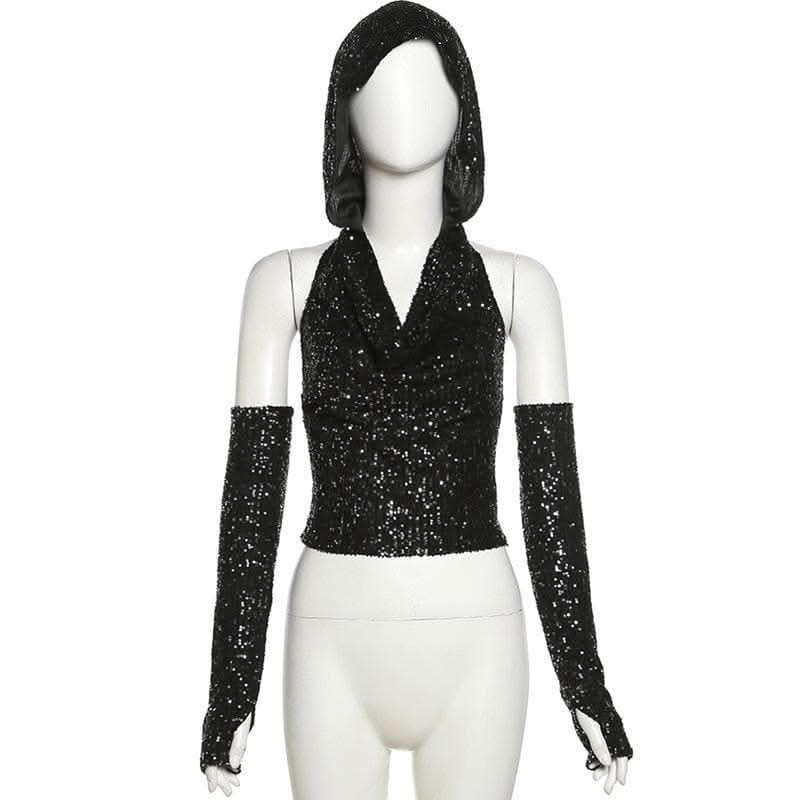 Glitter cowl neck hoodie gloves backless halter crop top-final-sale