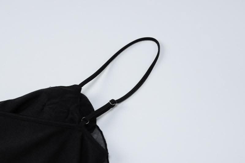 Flower applique solid backless v neck ribbon cami mini dress-final-sale