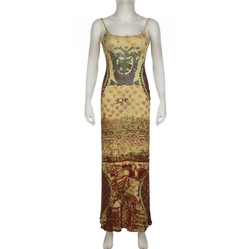 Print abstract backless cami maxi dress