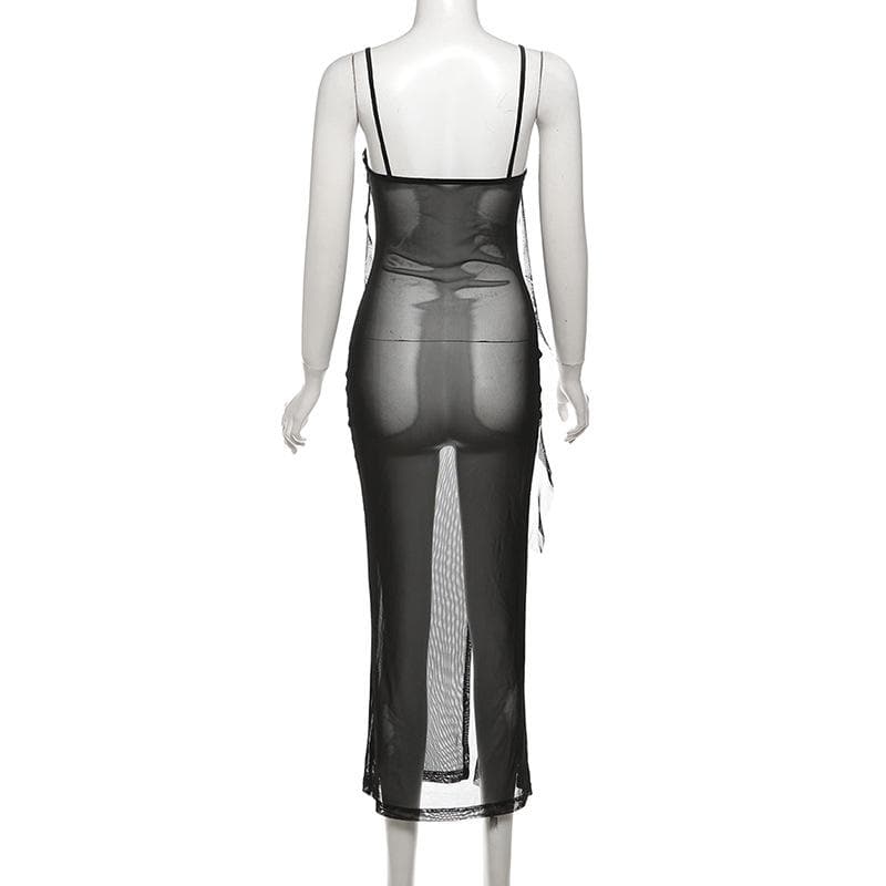 Sweetheart neck ruffle high slit sheer mesh cami midi dress