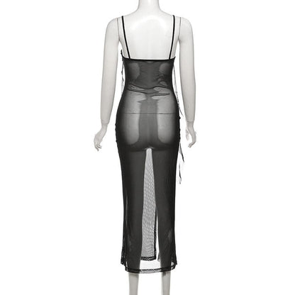 Sweetheart neck ruffle high slit sheer mesh cami midi dress