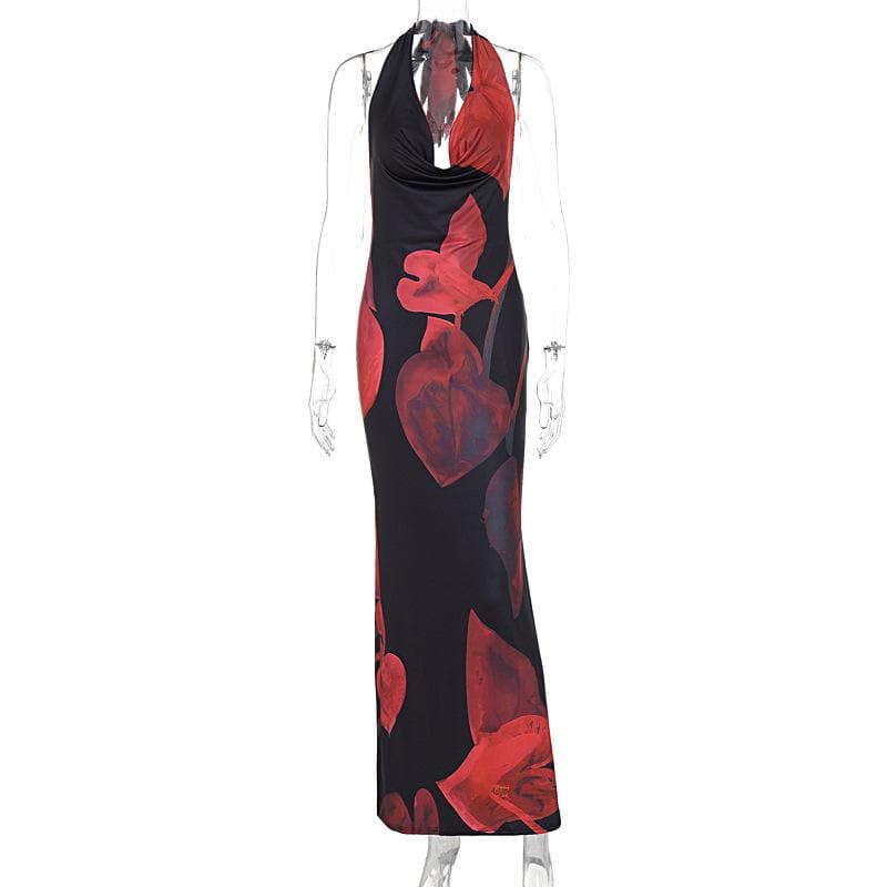 Halter cowl neck backless print maxi dress