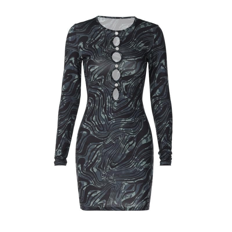 Ripple contrast long sleeve hollow out crewneck cut out mini dress