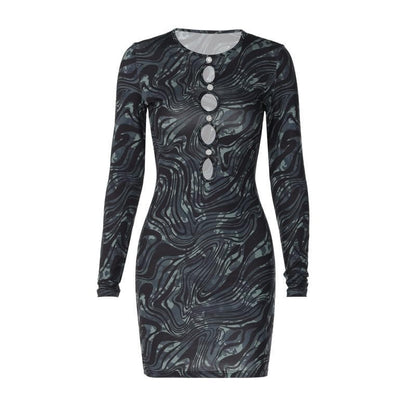 Ripple contrast long sleeve hollow out crewneck cut out mini dress
