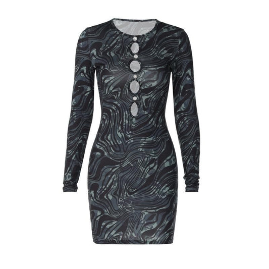 Ripple contrast long sleeve hollow out crewneck cut out mini dress