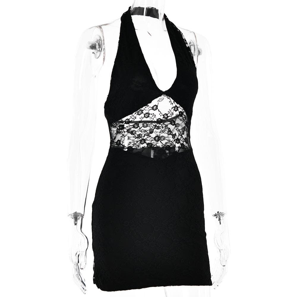 Halter lace patchwork v neck backless mini dress