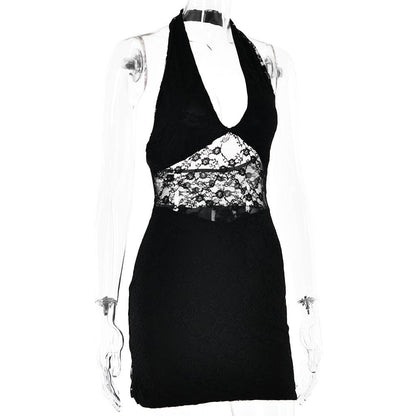 Halter lace patchwork v neck backless mini dress