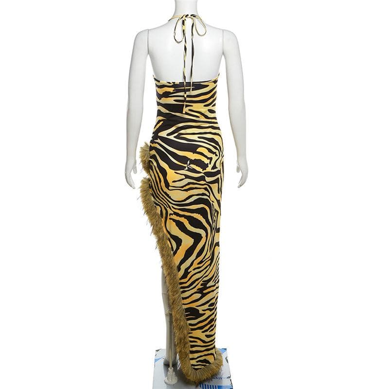 Print Halter Faux Fur Trim Irregular Slit Maxi Dress