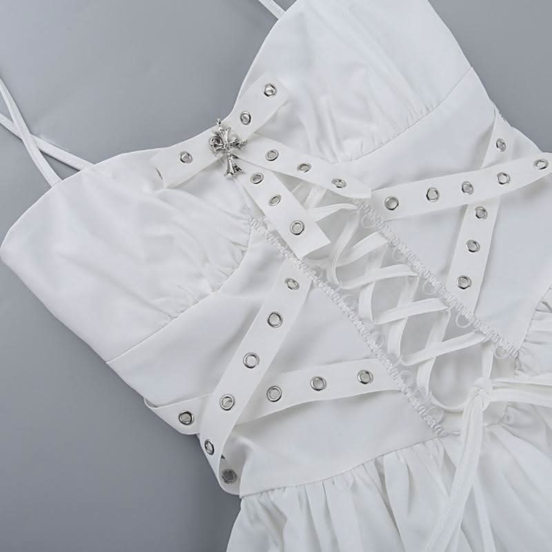 Smocked bowknot lace up cami mini dress