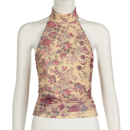 Halter button backless print ruched top