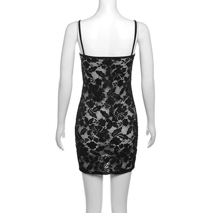 Lace hollow out see through u neck cami cut out mini dress