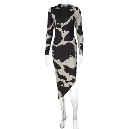 Cow Print Hooded Long Sleeve Bodycon Maxi Dress
