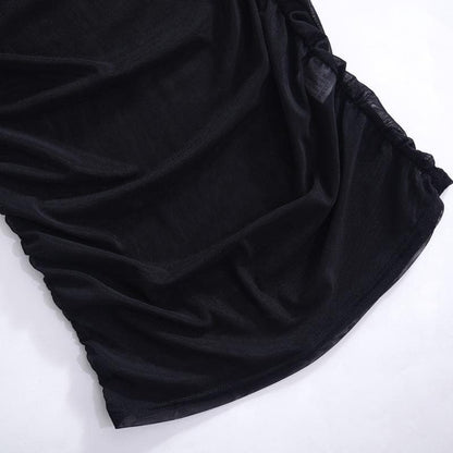 Sheer mesh see through one shoulder ruched irregular midi dress