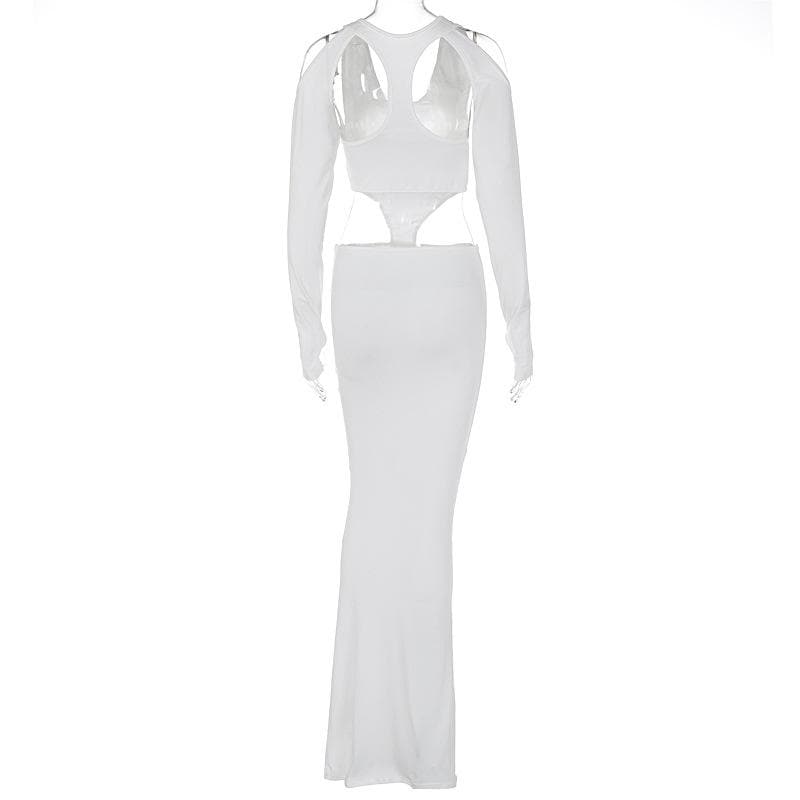 Hollow out long sleeve solid gloves u neck cut out maxi dress