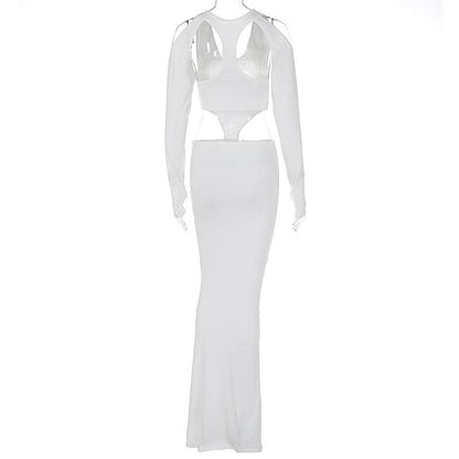 Hollow out long sleeve solid gloves u neck cut out maxi dress