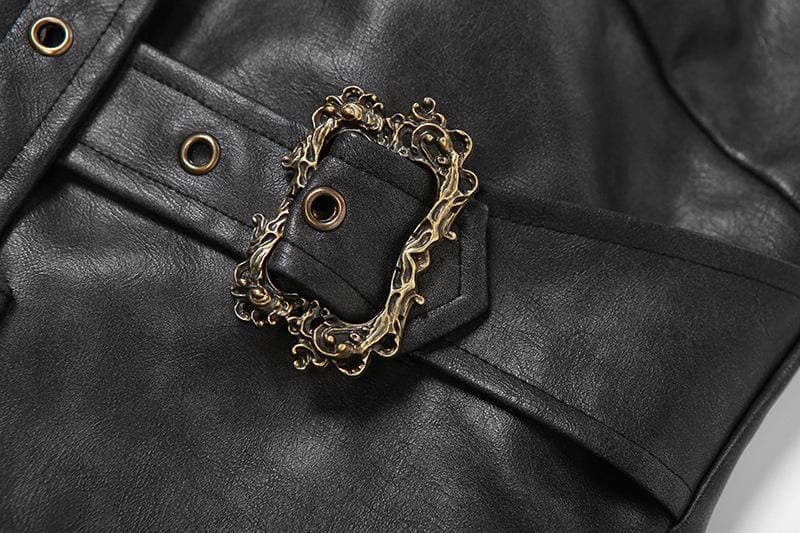 Buckle PU leather zip-up backless tube crop top