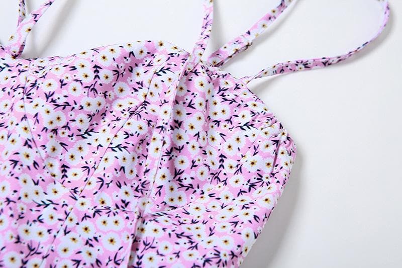 Sweetheart Neck Cross Halter Strap Ditsy Floral Print A Line Mini Dress