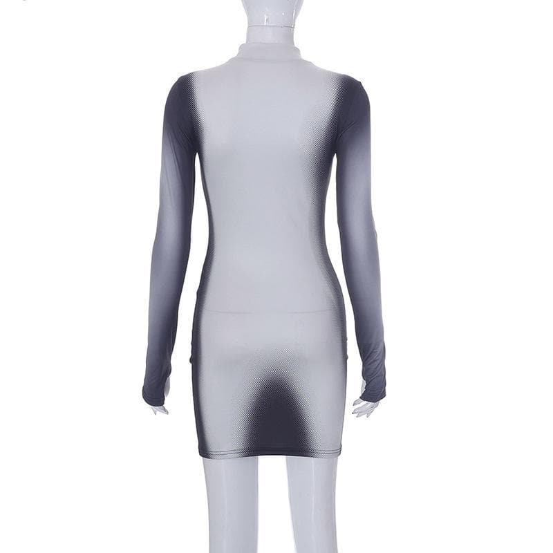 Mock Neck Long Sleeve Body Print Trompe Loeil Bodycon Mini Dress