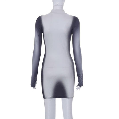 Mock Neck Long Sleeve Body Print Trompe Loeil Bodycon Mini Dress