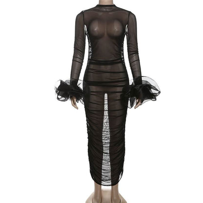 Long sleeve mesh see through ruched maxi dress