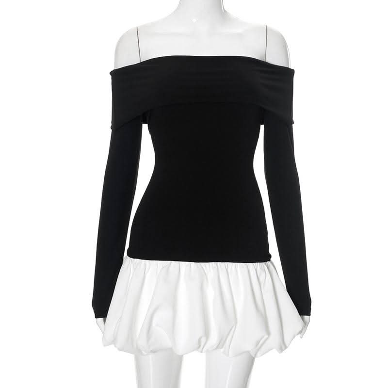 Ruched long sleeve off shoulder contrast mini dress