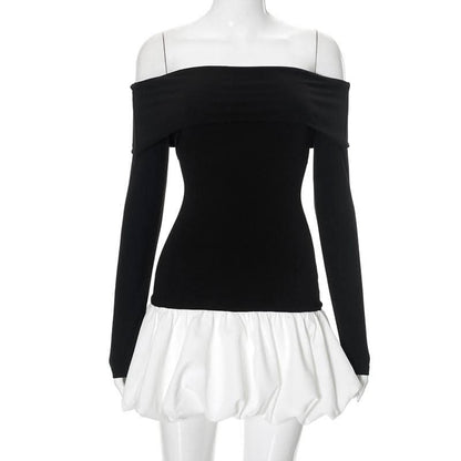 Ruched long sleeve off shoulder contrast mini dress