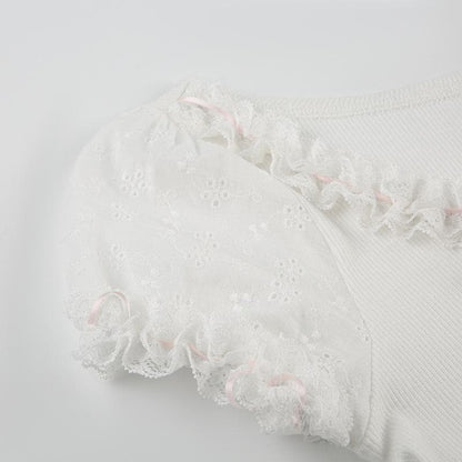 Short puff sleeve bowknot ruffle ribbed top