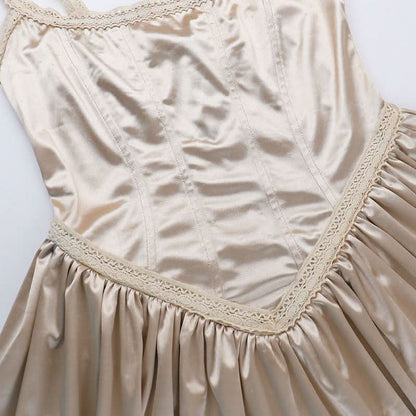 U neck lace hem ruched cami mini dress
