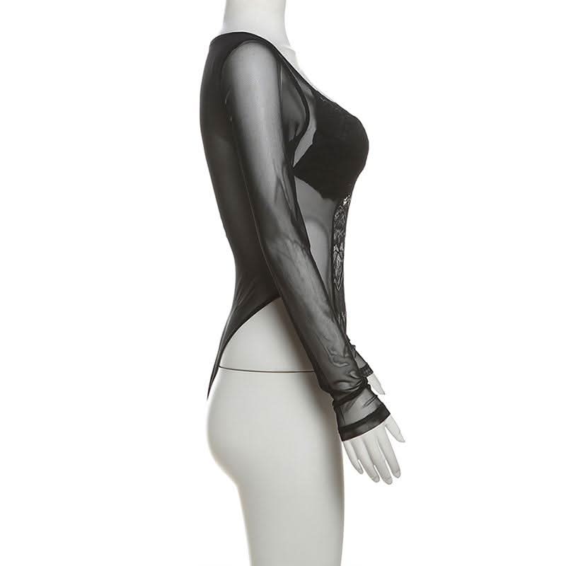 Sweetheart neck long sleeve mesh bodysuit