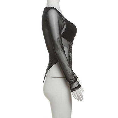 Sweetheart neck long sleeve mesh bodysuit