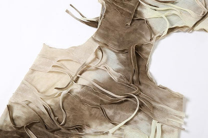 Tie Dye Shredded Side Cutout High Slit Sleeveless Maxi Dress