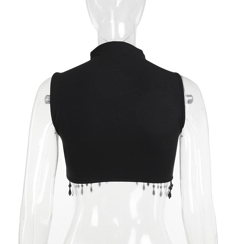 Sleeveless high neck moon pattern beaded crop top