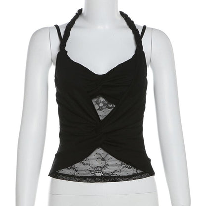 Halter ruched lace patchwork v neck cami top