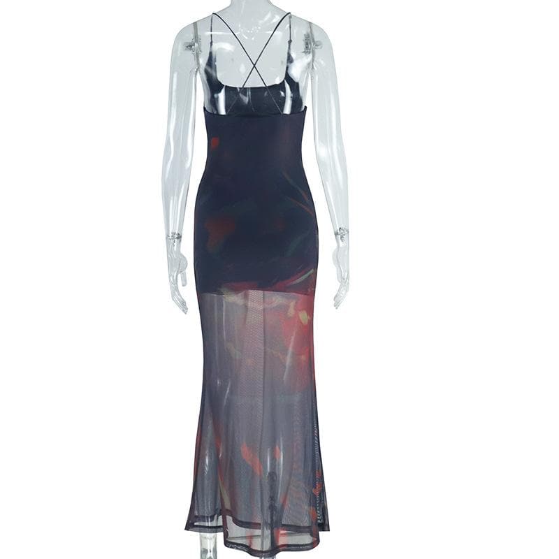 Mesh print u neck cross back cami maxi dress