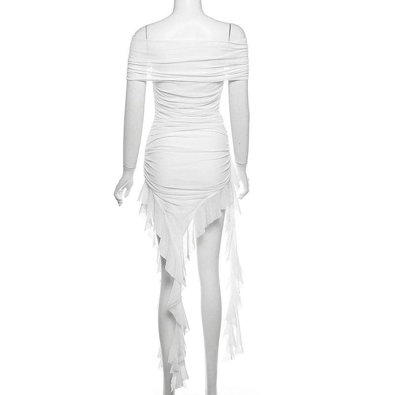Off shoulder flower applique ruffle ruched mini dress