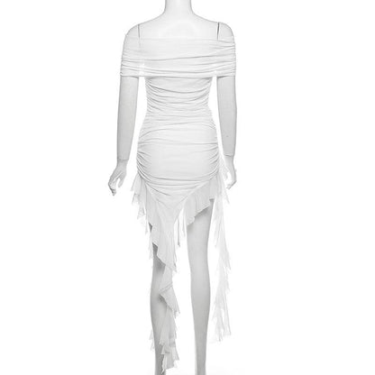 Off shoulder flower applique ruffle ruched mini dress
