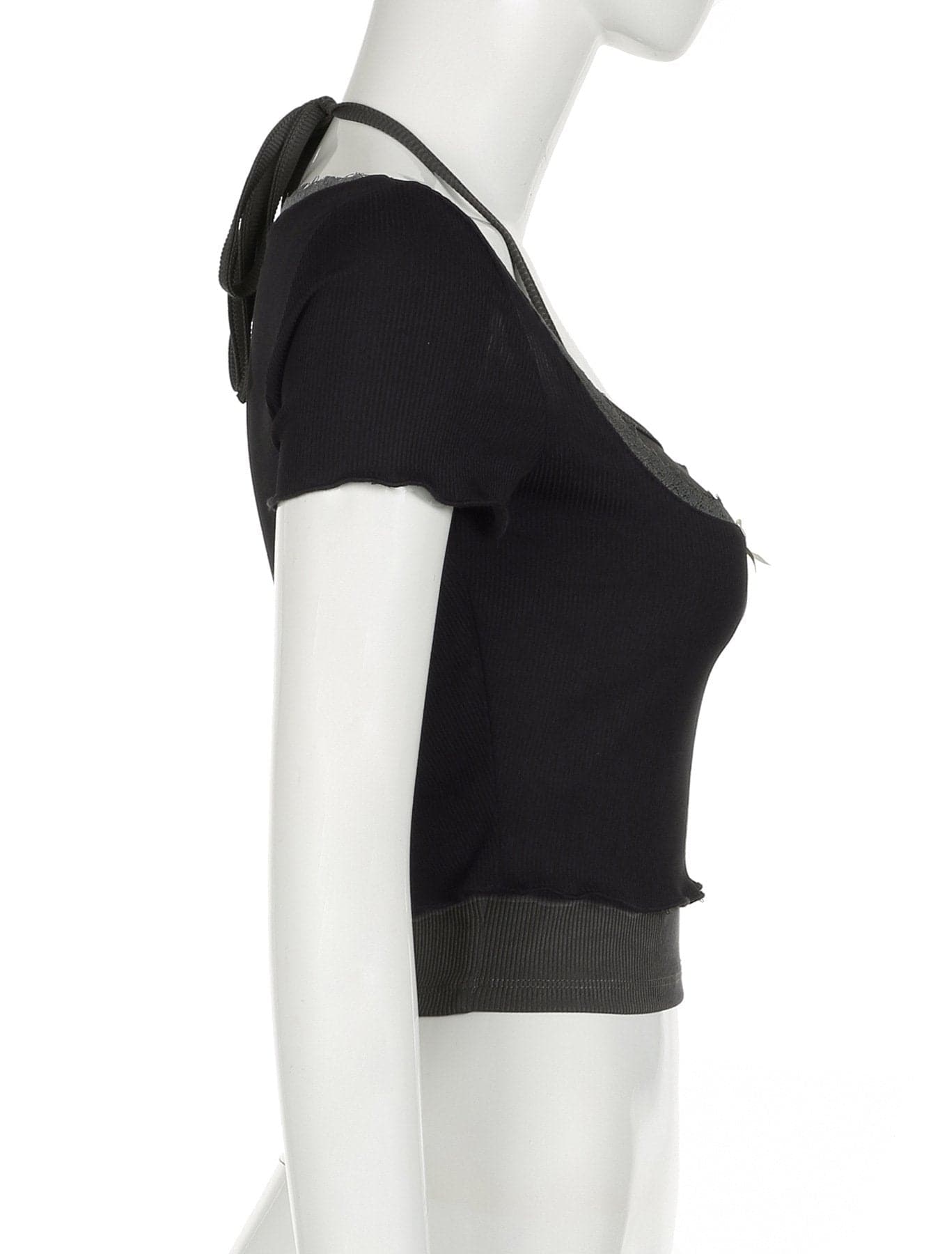 Short sleeve halter lace hem bowknot ribbed 2 piece top