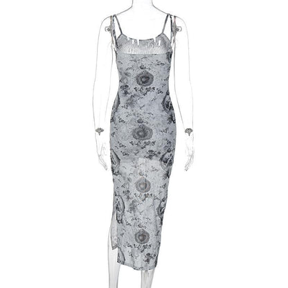 Slit contrast print sheer mesh see through u neck cami midi dress