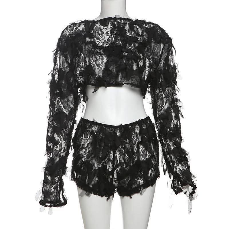 Long sleeve mesh ruffle crop short pant set