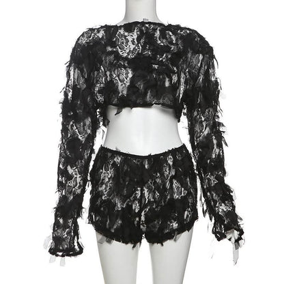Long sleeve mesh ruffle crop short pant set