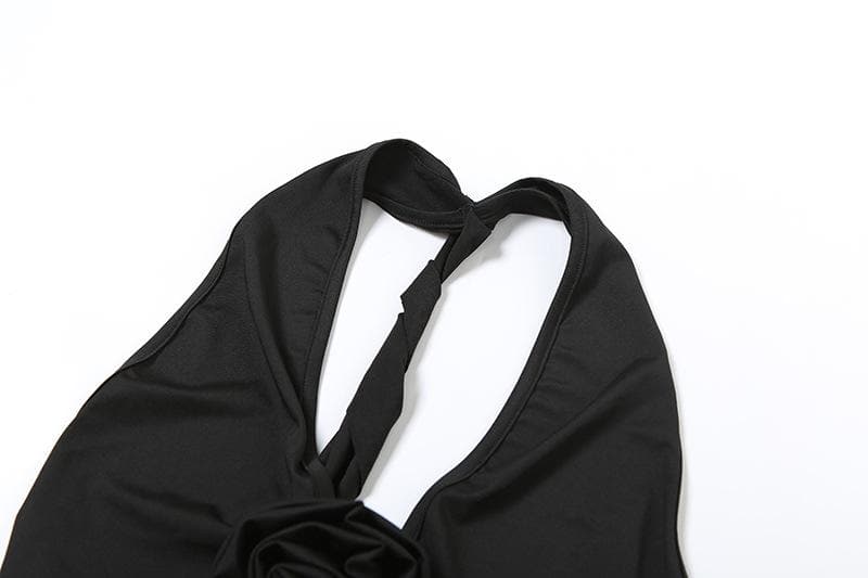 Halter v neck flower applique backless ruched maxi dress