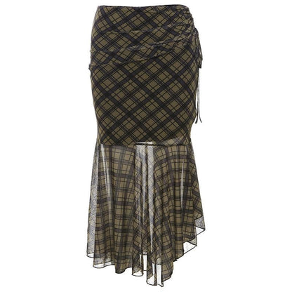 Plaid ruched drawstring mesh irregular midi skirt