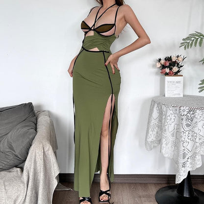 Halter contrast hollow out slit cami cut out midi dress