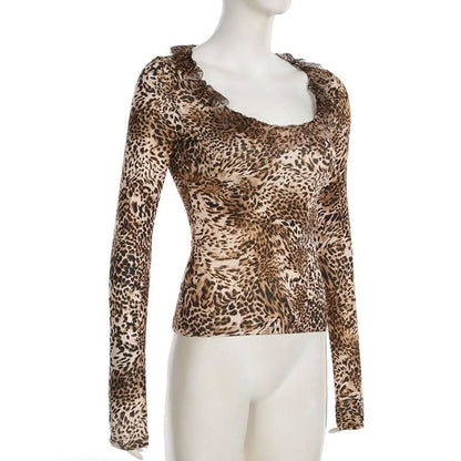 Long sleeve leopard print ruffle top