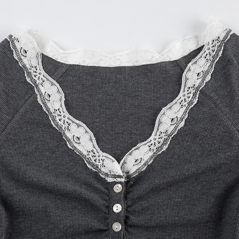 Long sleeve v neck lace hem button top