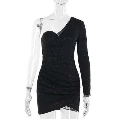 Irregular long sleeve one shoulder ruched mini dress